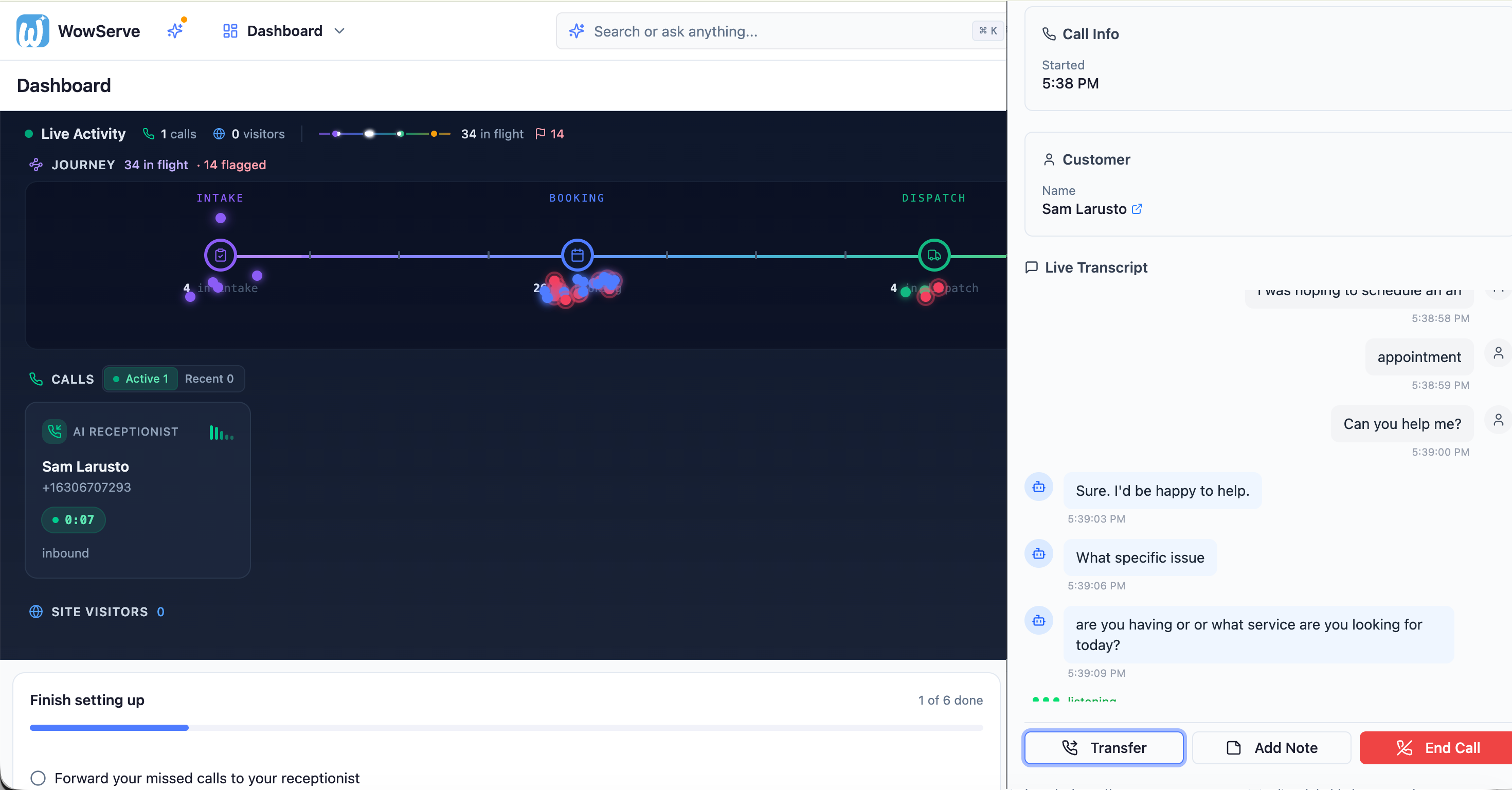 WowServe AI Receptionist handling a live inbound call. The dashboard shows the active call and a real-time transcript as the AI greets the caller, qualifies the request, and books the appointment, with Transfer, Add Note, and End Call controls.