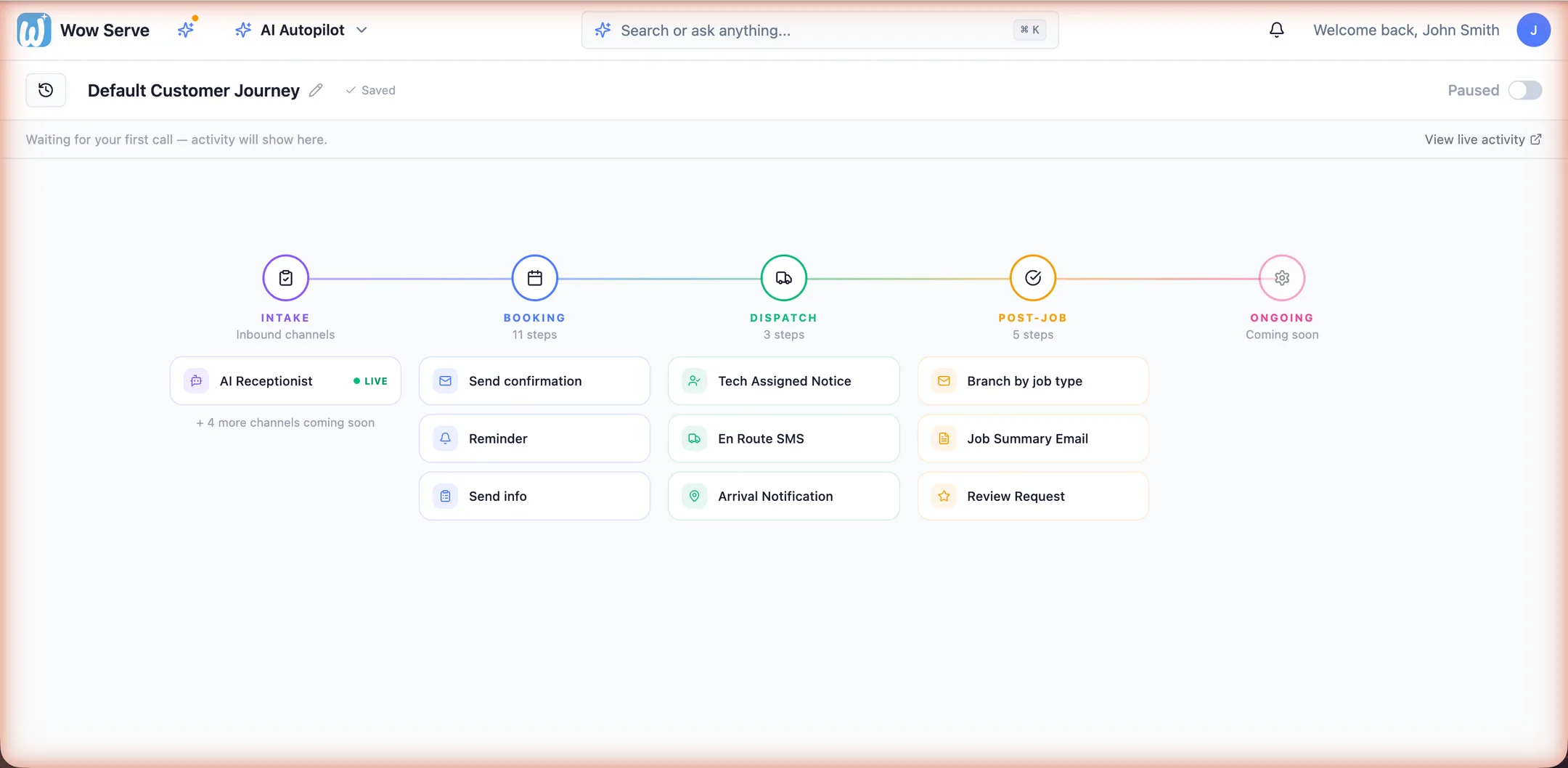 AI Autopilot customer journey canvas — intake, booking, dispatch and post-job touchpoints with the AI Receptionist channel live