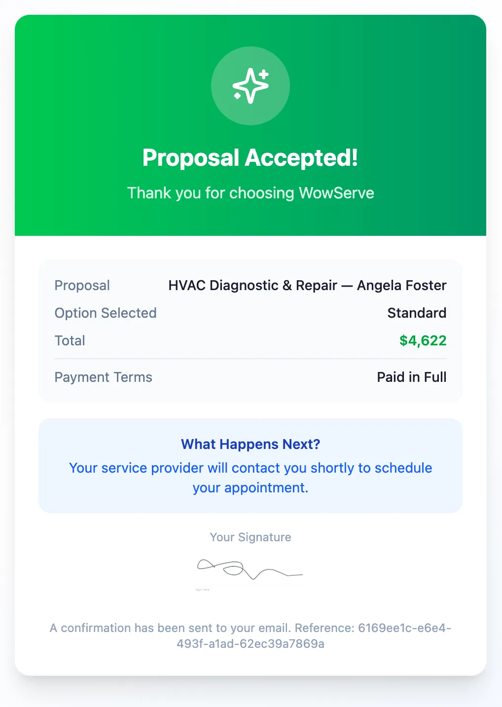 Proposal accepted confirmation showing paid in full and next steps