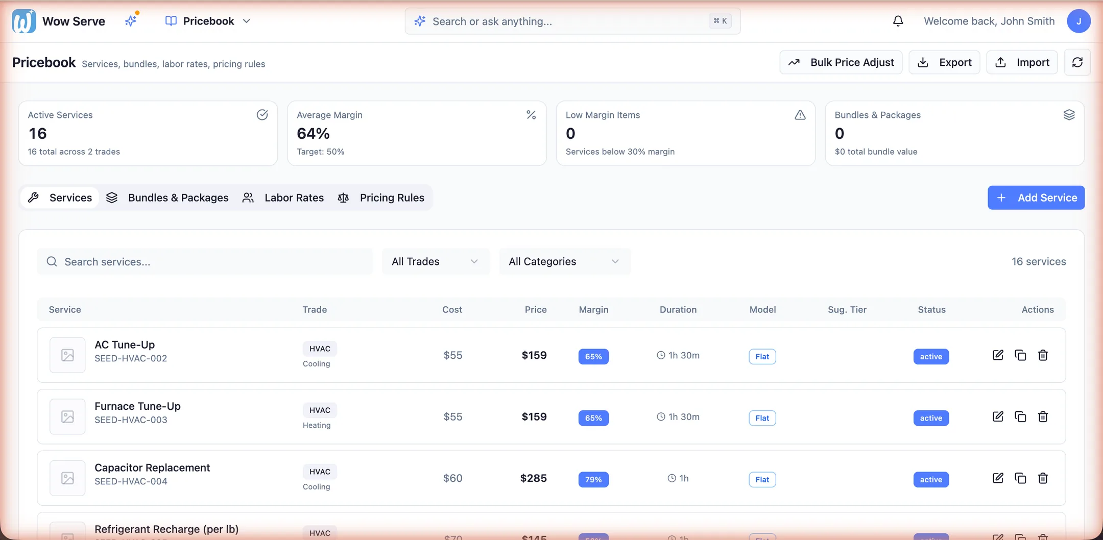 Pricebook services with costs, prices, healthy margins and flat-rate pricing models across HVAC and plumbing trades