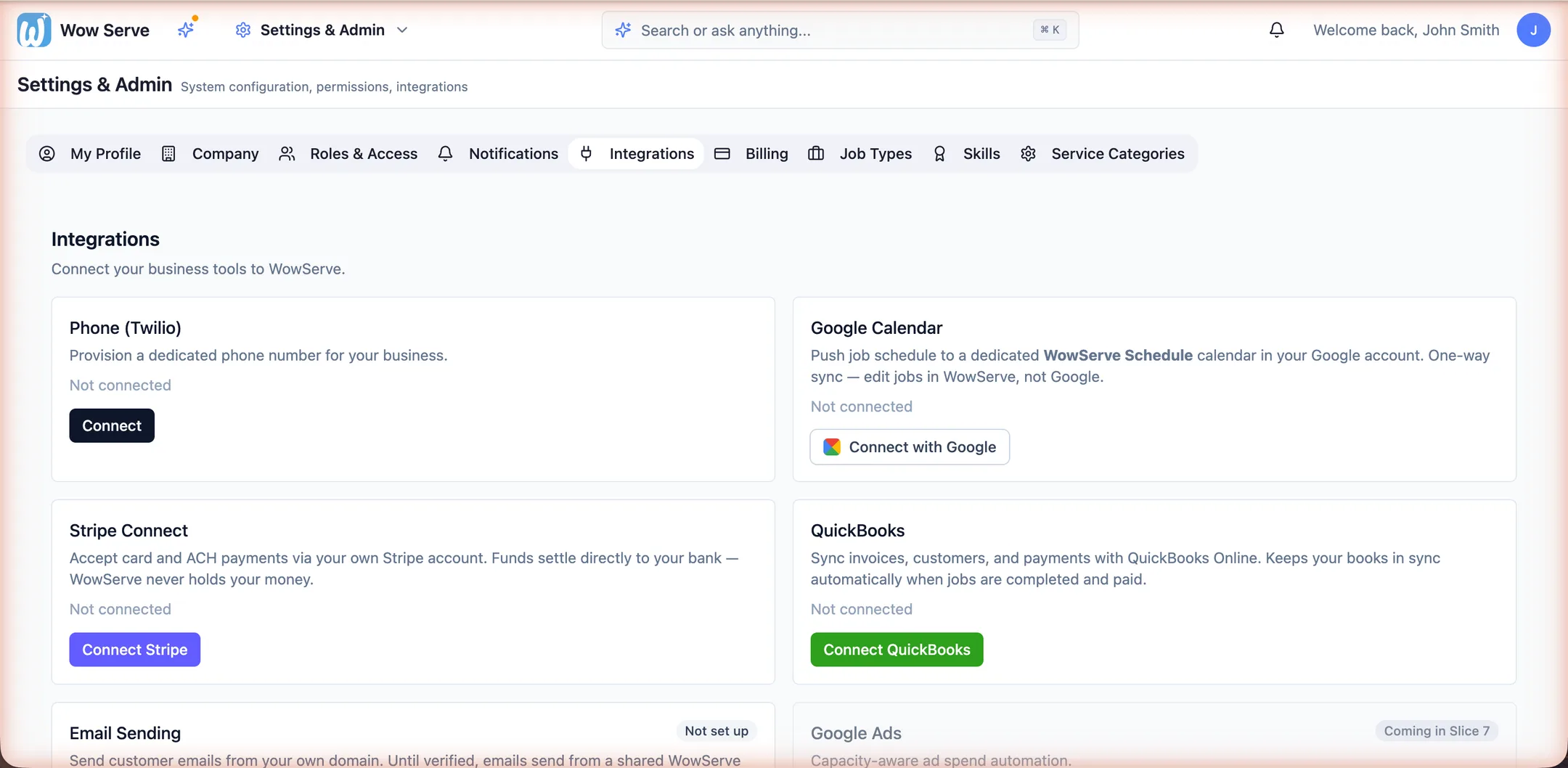 Integrations settings — connect your business phone, Google Calendar, Stripe payments and QuickBooks