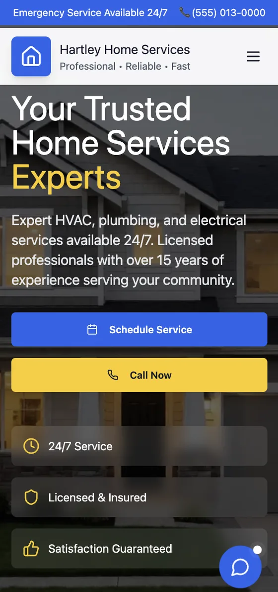 Trusted Pro website design for example business Hartley Home Services, mobile view